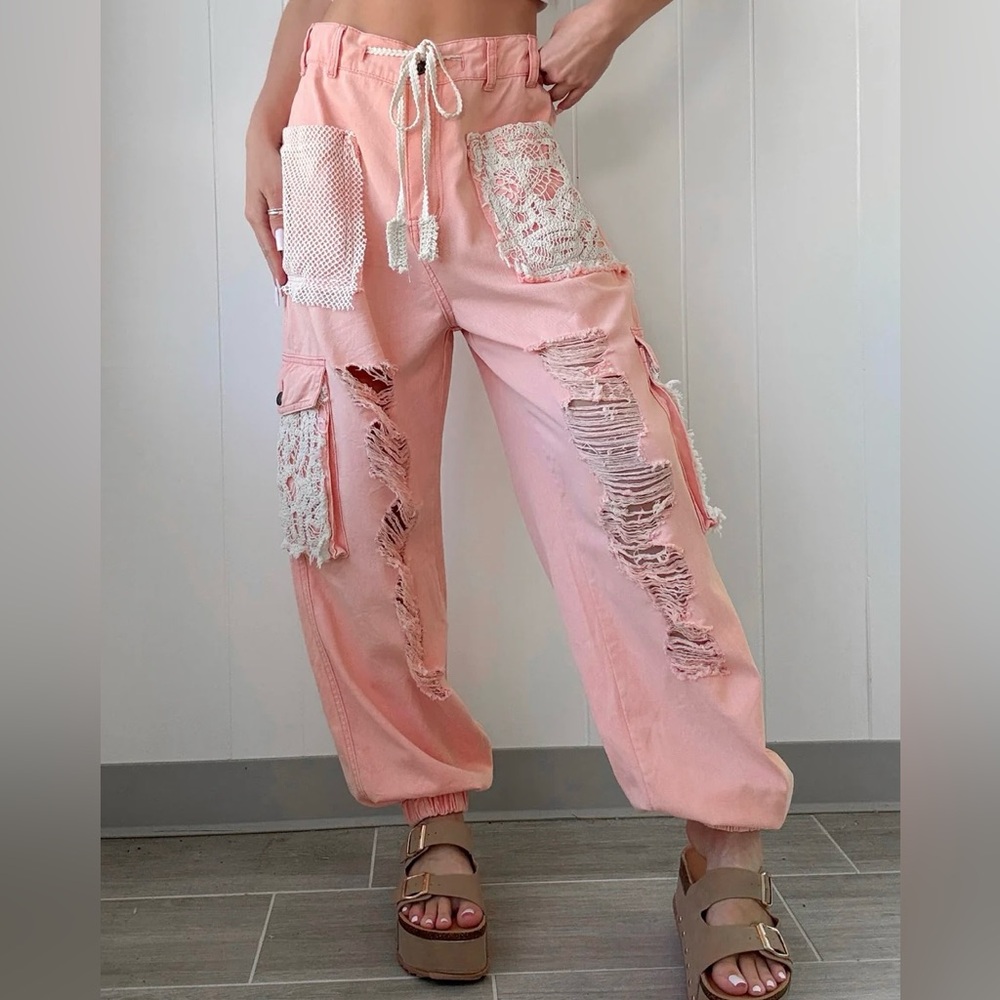 POL Clothing Peach Patchwork Crochet Lace Drawstring Distressed Jogger - Picture 3 of 10